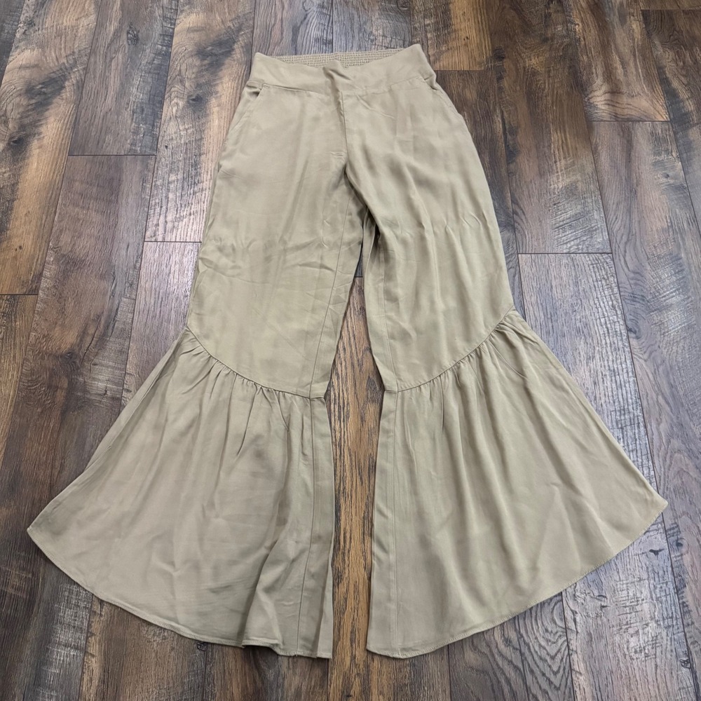 Sundance Jacquelin Pants Tan Rayon Ruffle Bell Bottom Wide Leg Boho Safari Small